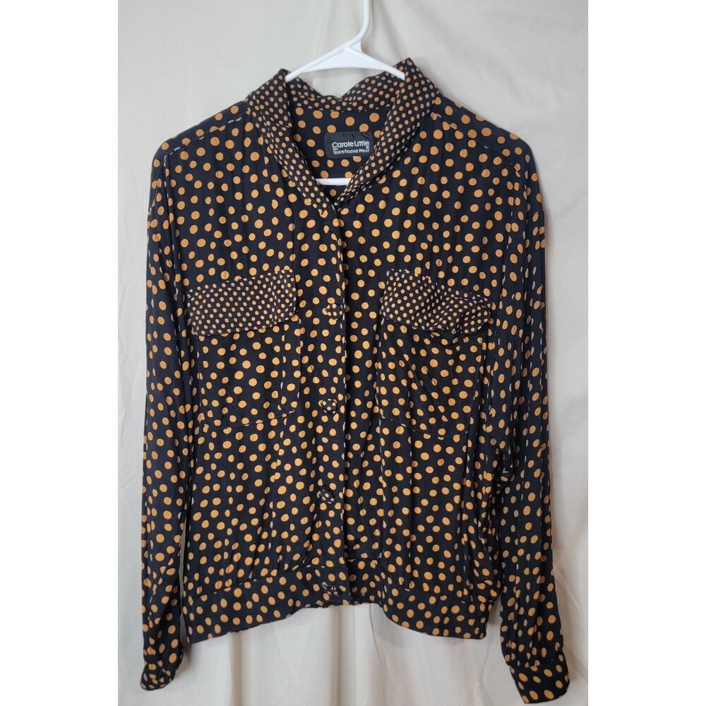 80s Carole Little Saint Tropez West Womens Polka Dot Blouse Black Mustard Button